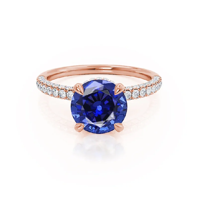 COCO- Chatham® Round Blue Sapphire & Diamond 18k Rose Gold Petite Hidden Halo Triple Pavé Shoulder Set Ring