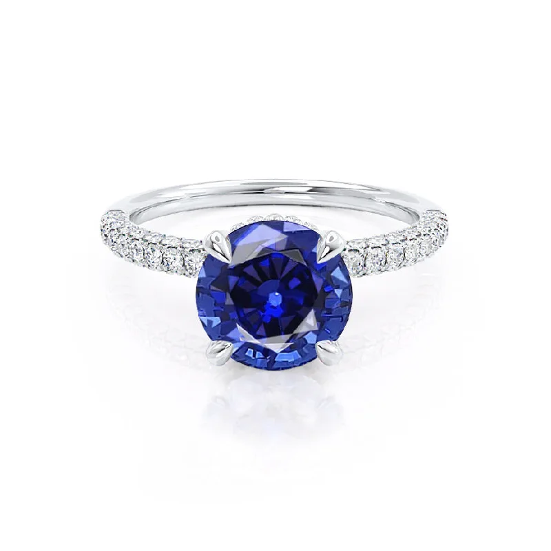 COCO- Chatham® Round Blue Sapphire & Diamond 18k White Gold Petite Hidden Halo Triple Pavé Shoulder Set Ring