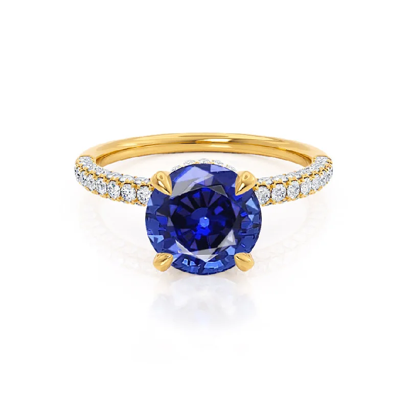 COCO- Chatham® Round Blue Sapphire & Diamond 18k Yellow Gold Petite Hidden Halo Triple Pavé Shoulder Set Ring