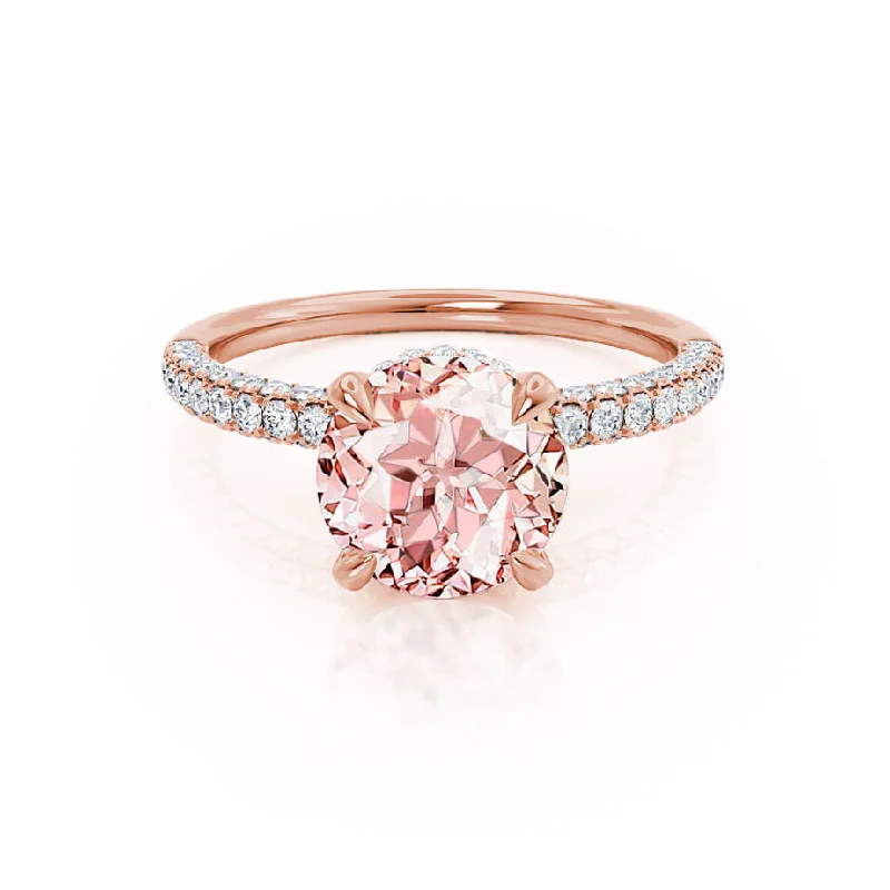 COCO- Chatham® Round Champagne Sapphire & Diamond 18k Rose Gold Petite Hidden Halo Triple Pavé Shoulder Set Ring