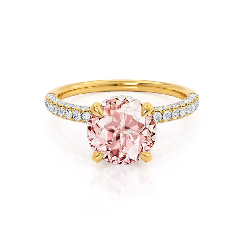 COCO- Chatham® Round Champagne Sapphire & Diamond 18k Yellow Gold Petite Hidden Halo Triple Pavé Shoulder Set Ring