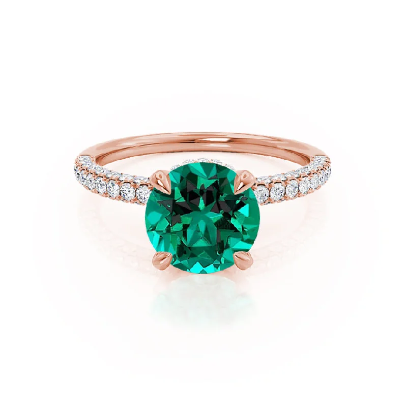 COCO- Chatham® Round Emerald & Diamond 18k Rose Gold Petite Hidden Halo Triple Pavé Shoulder Set Ring