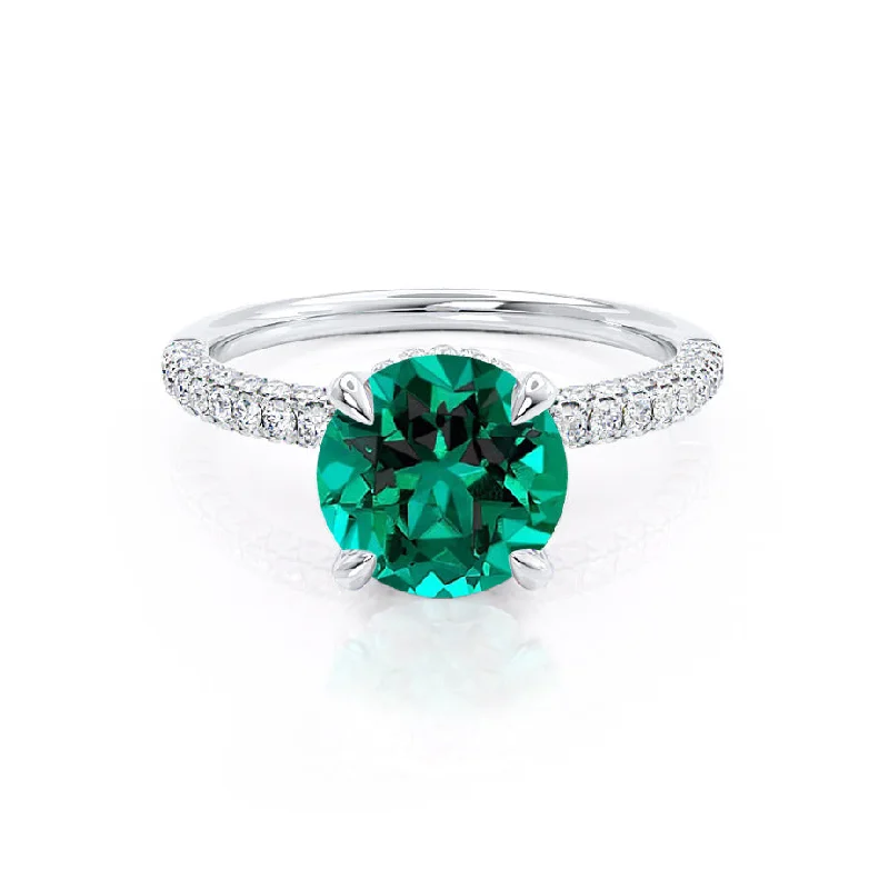 COCO- Chatham® Round Emerald & Diamond 18k White Gold Petite Hidden Halo Triple Pavé Shoulder Set Ring