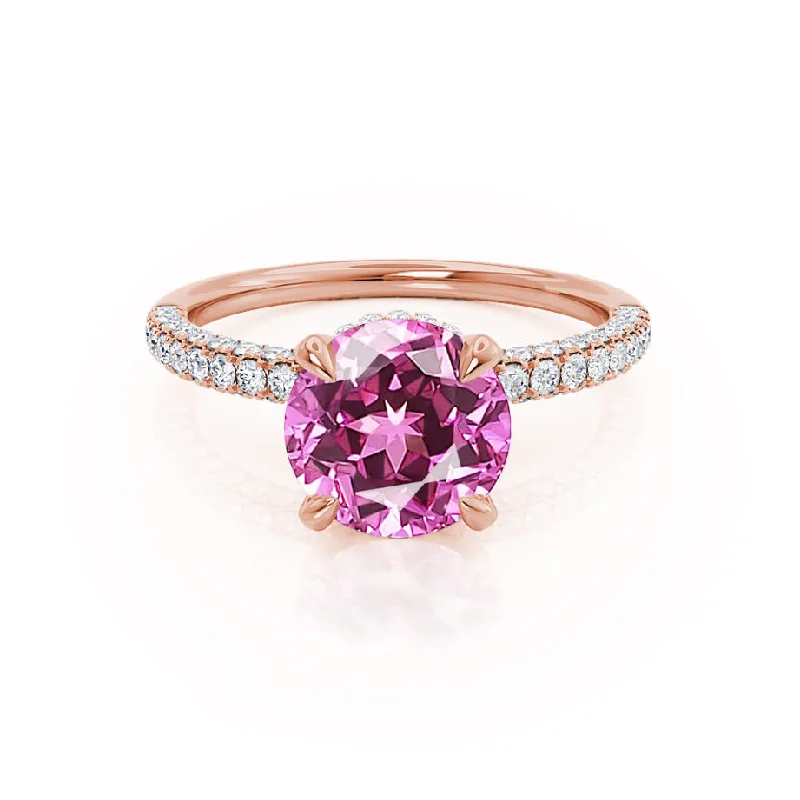 COCO- Chatham® Round Pink Sapphire & Diamond 18k Rose Gold Petite Hidden Halo Triple Pavé Shoulder Set Ring