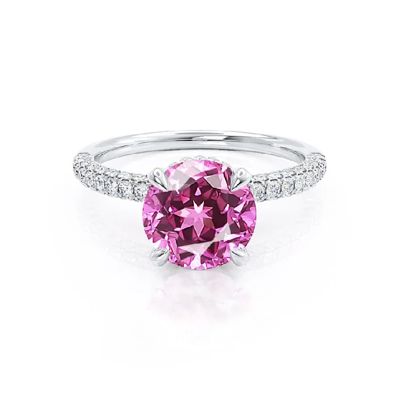 COCO- Chatham® Round Pink Sapphire & Diamond 18k White Gold Petite Hidden Halo Triple Pavé Shoulder Set Ring