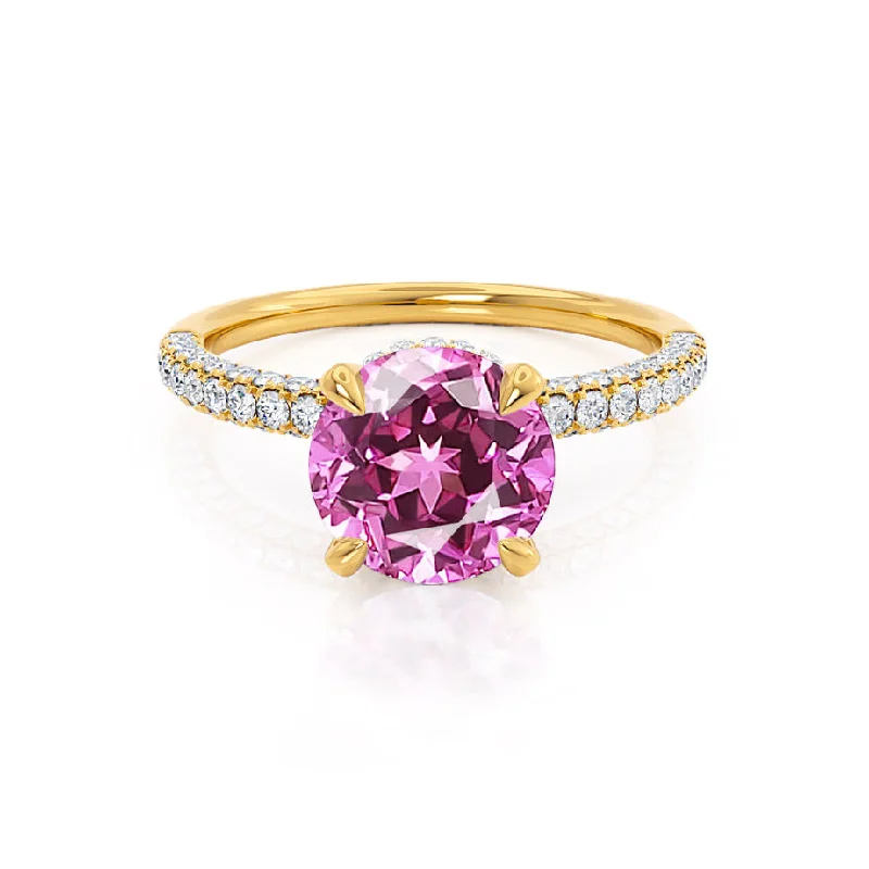 COCO- Chatham® Round Pink Sapphire & Diamond 18k Yellow Gold Petite Hidden Halo Triple Pavé Shoulder Set Ring