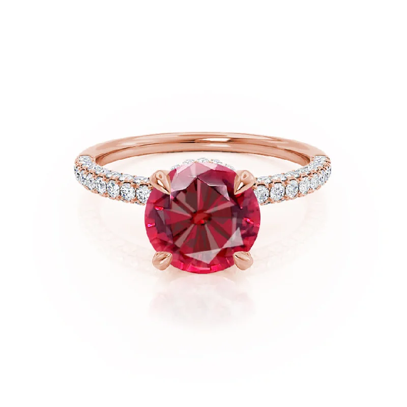 COCO- Chatham® Round Ruby & Diamond 18k Rose Gold Petite Hidden Halo Triple Pavé Shoulder Set Ring