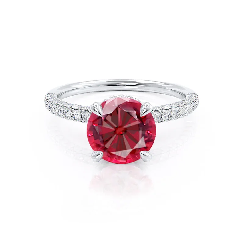 COCO- Chatham® Round Ruby & Diamond 18k White Gold Petite Hidden Halo Triple Pavé Shoulder Set Ring