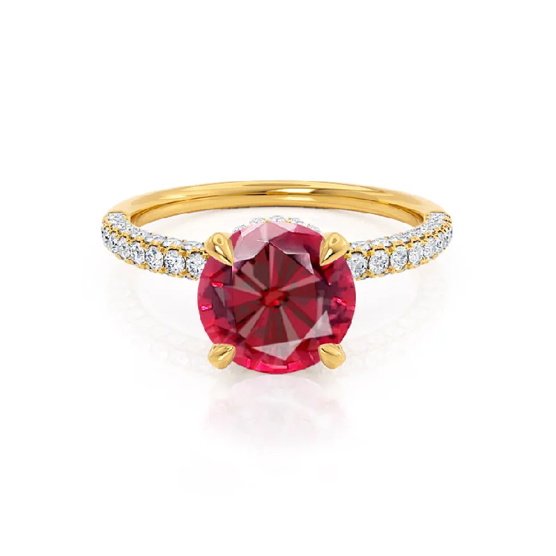 COCO- Chatham® Round Ruby & Diamond 18k Yellow Gold Petite Hidden Halo Triple Pavé Shoulder Set Ring