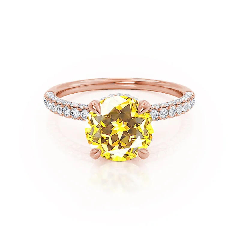 COCO- Chatham® Round Yellow Sapphire & Diamond 18k Rose Gold Petite Hidden Halo Triple Pavé Shoulder Set Ring