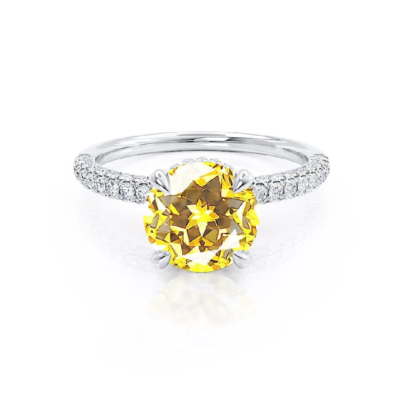 COCO- Chatham® Round Yellow Sapphire & Diamond 18k White Gold Petite Hidden Halo Triple Pavé Shoulder Set Ring