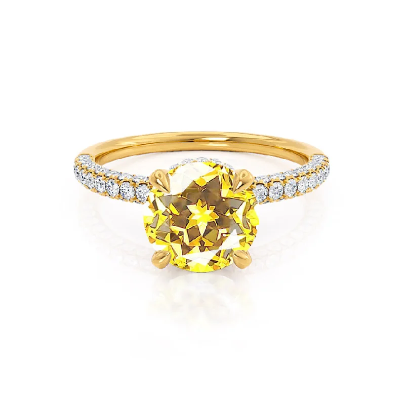 COCO- Chatham® Round Yellow Sapphire & Diamond 18k Yellow Gold Petite Hidden Halo Triple Pavé Shoulder Set Ring