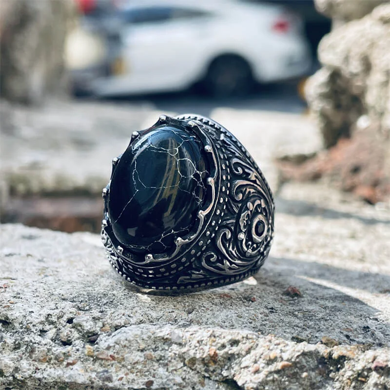 Cracked Black Turquoise Patterned Stainless Steel Ring