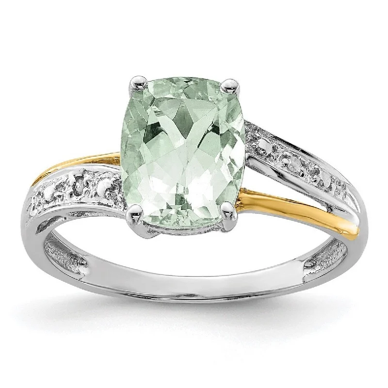 Curata 925 Sterling Silver and 14K Green Amethyst and Diamond Ring Measures 2x7mm