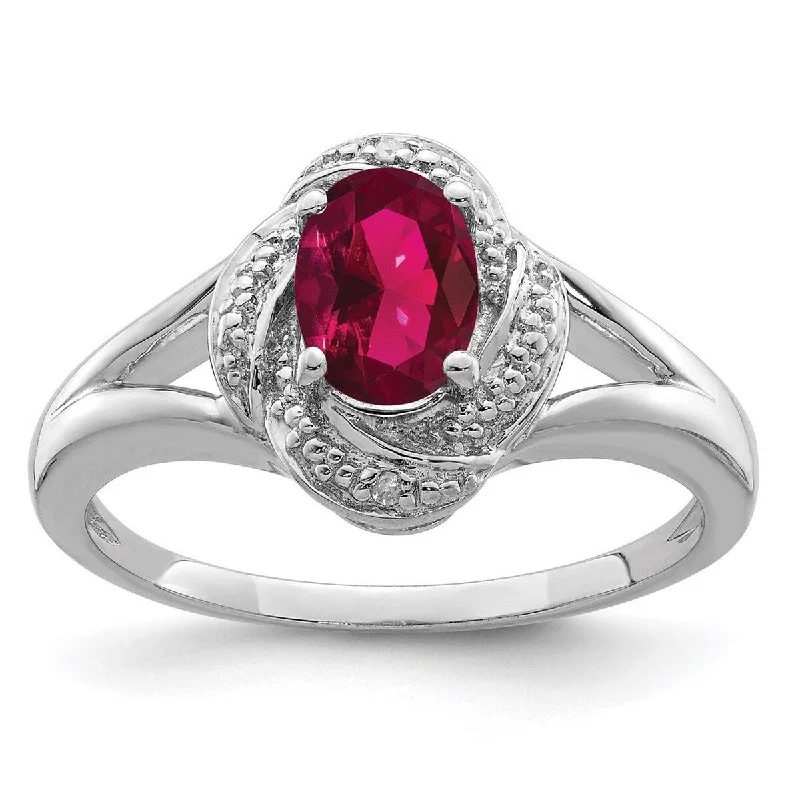 Curata 925 Sterling Silver Oval Polished Diamond and Created Ruby Ring