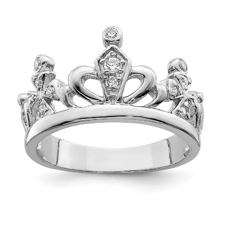 Curata 925 Sterling Silver Polished Open back CZ Cubic Zirconia Simulated Diamond Crown Ring