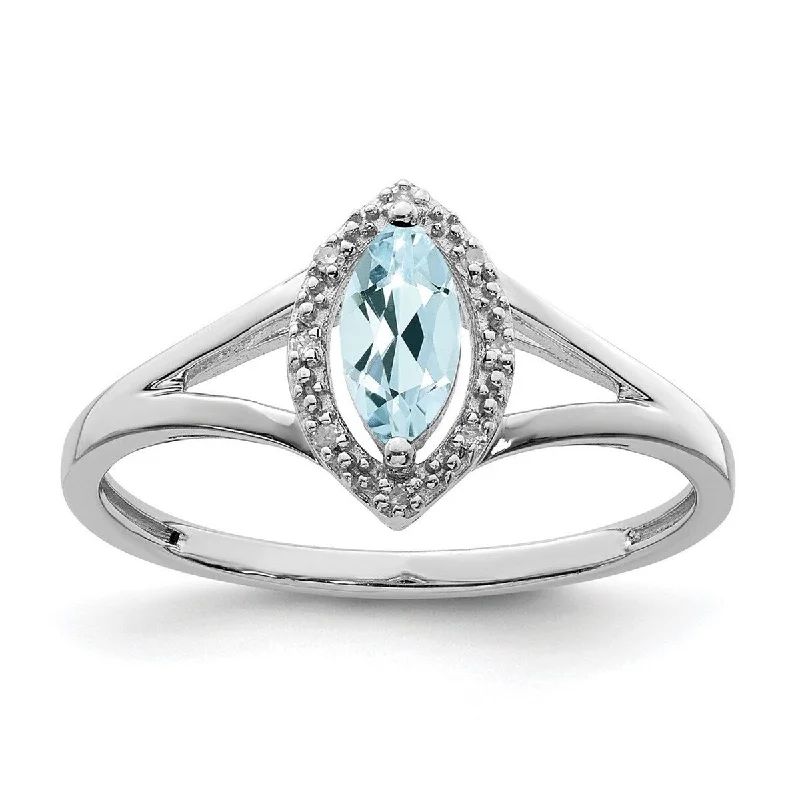 Curata 925 Sterling Silver Polished Open back Rhodium Plated Diamond and Aquamarine Marquise Ring