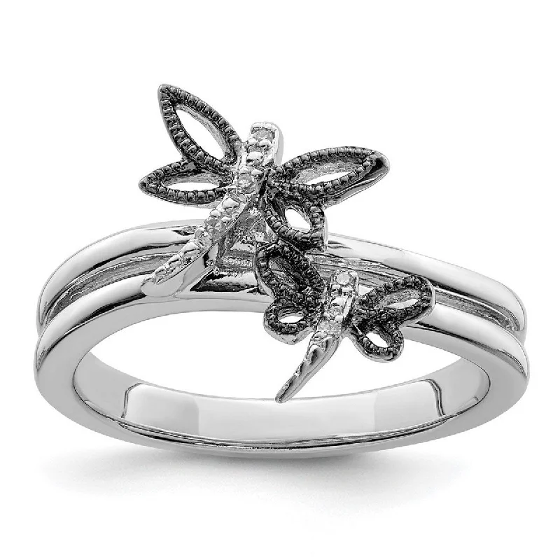 Curata 925 Sterling Silver Polished Prong set Closed back Diamond Black Rhodium Plated Dragonfly Ring