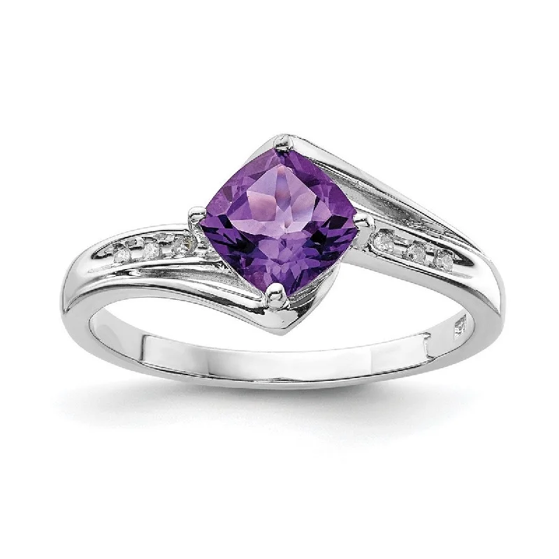 Curata 925 Sterling Silver Polished Prong set Open back Rhodium Plated Diamond and Amethyst Square Ring