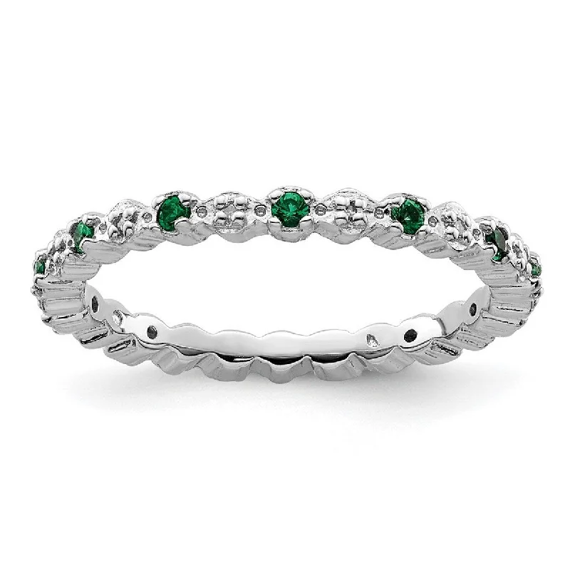 Curata 925 Sterling Silver Polished Prong set Stackable Expressions Cr. Emerald and Diamond Ring