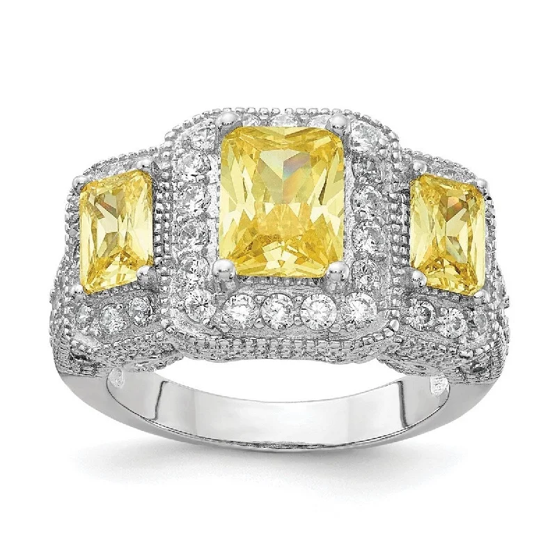 Curata 925 Sterling Silver Step Cut Radiant Cut Canary and White CZ Cubic Zirconia Simulated Diamond 3 stone Ring