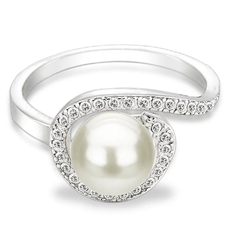 DaVonna Sterling Silver 7-8 mm White Freshwater Pearl and White Topaz Spiral Ring