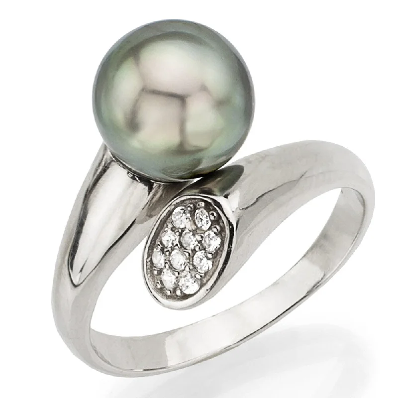 DaVonna Sterling Silver Tahitian Pearl and Cubic Zirconia Adjustable Ring