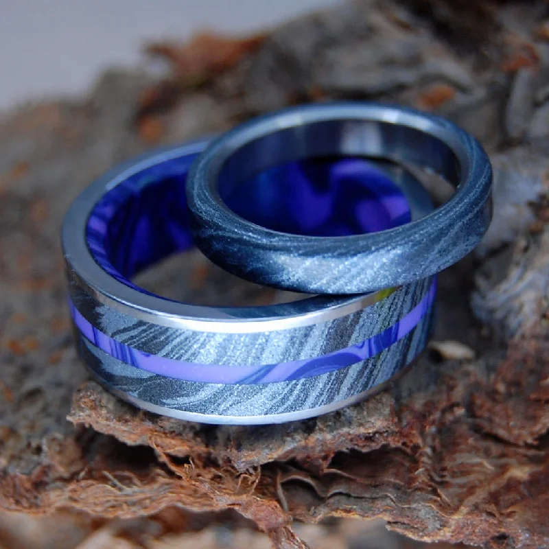 Deep Purple Fjord & Viking Night | Turquoise Black M3 & Titanium - Unique Wedding Ring - Wedding Ring Set