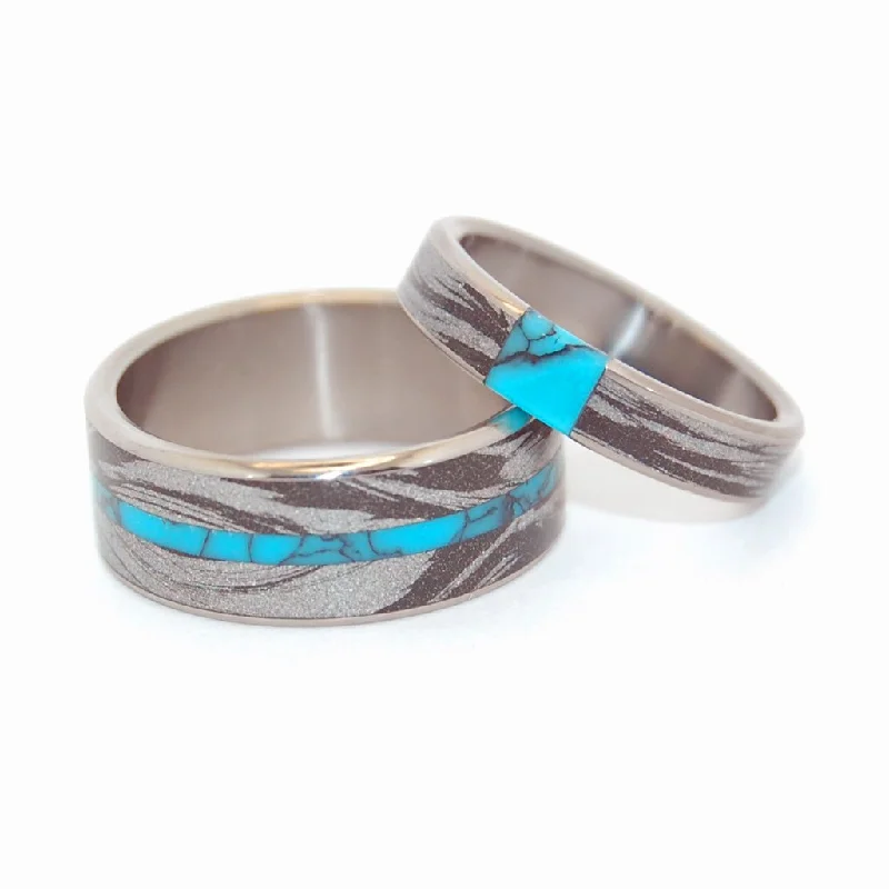 Desirous & Desire's Whirlwind | Turquoise & Black Silver M3 Mokume Gane Titanium Wedding Ring