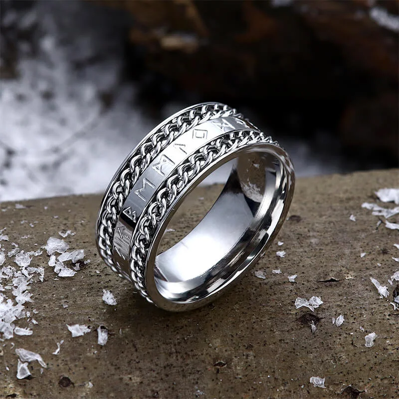 Double Chain Runes Stainless Steel Viking Ring