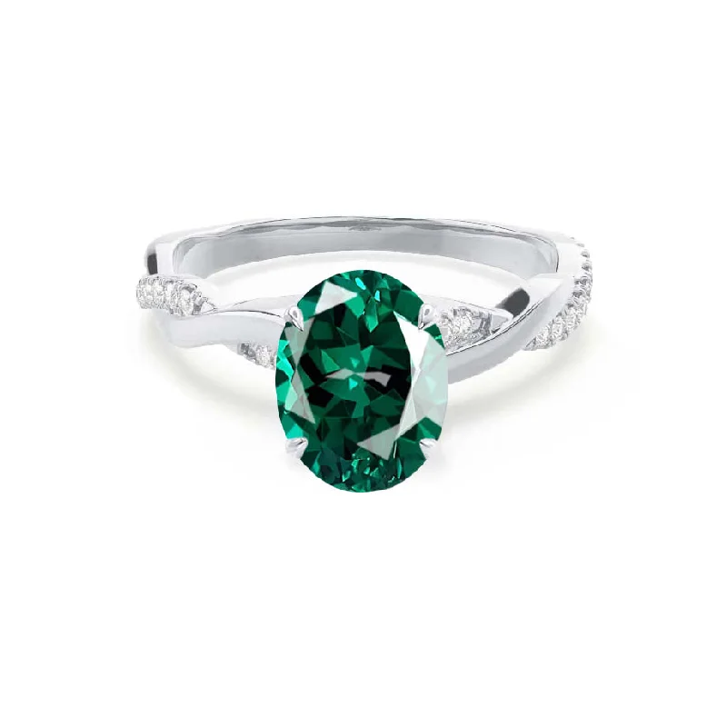 EDEN - Chatham® Oval Emerald & Diamond 18k White Gold Vine Solitaire Ring