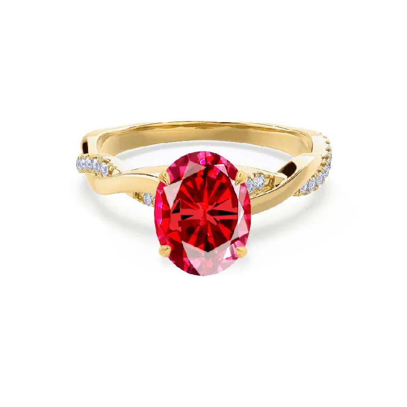 EDEN - Chatham® Oval Ruby & Diamond 18k Yellow Gold Vine Solitaire Ring