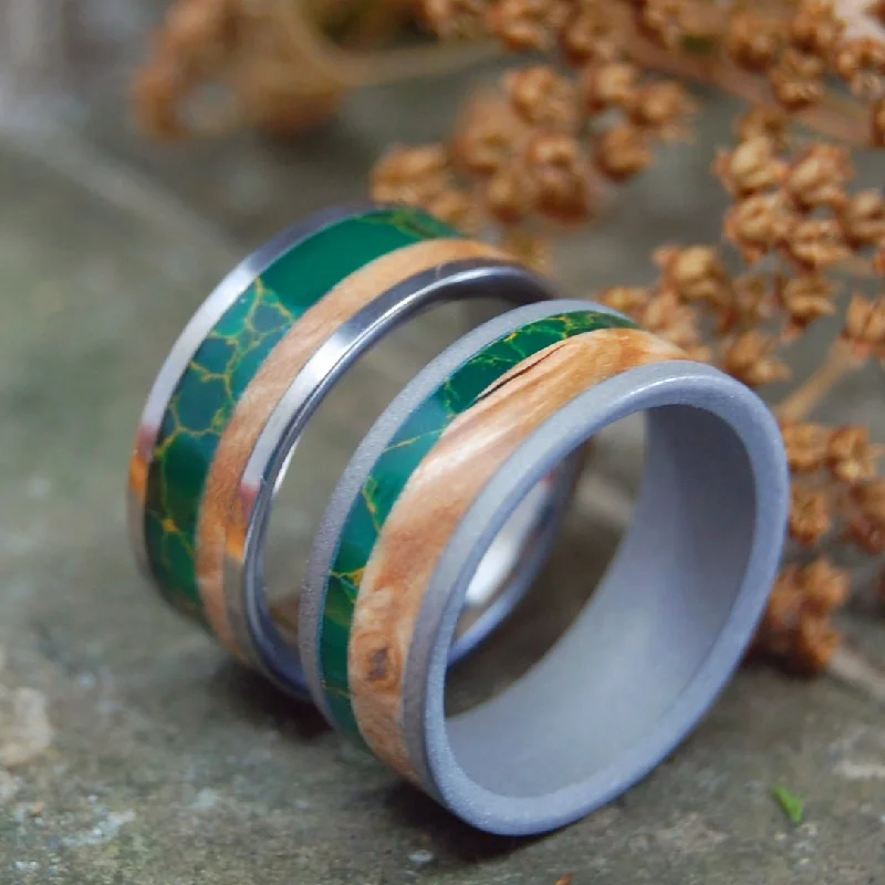 Hold My Hand | Egyptian Jade & Box Elder Wood Titanium Wedding Ring Set