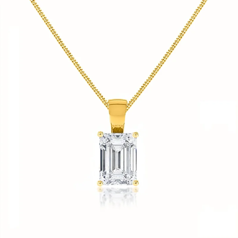 ELIZA - Emerald Cut Lab Diamond 4 Claw Drop Pendant 18k Yellow Gold