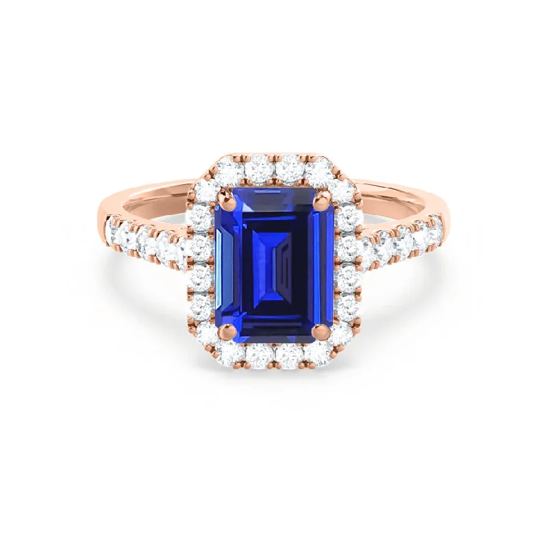 ESME - Emerald Lab-Grown Blue Sapphire & Diamond 18K Rose Gold Halo