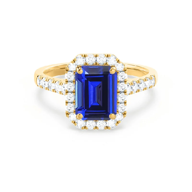 ESME - Emerald Lab-Grown Blue Sapphire & Diamond 18K Yellow Gold Halo