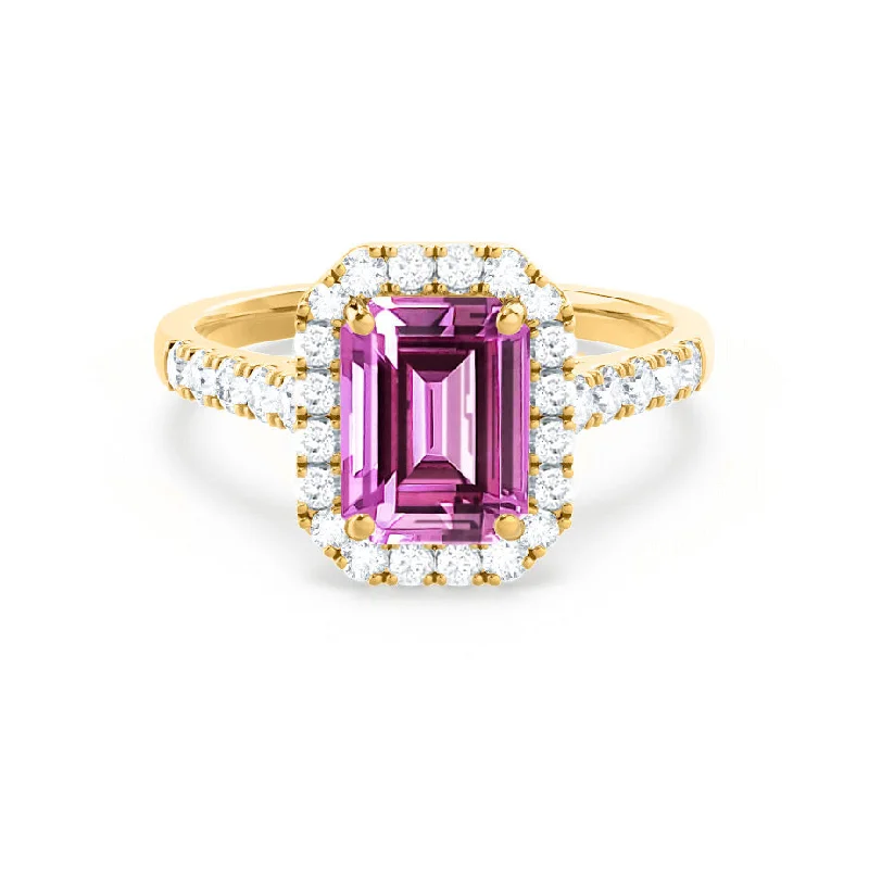 ESME - Chatham® Emerald Lab-Grown Pink Sapphire & Diamond 18k Yellow Gold Halo