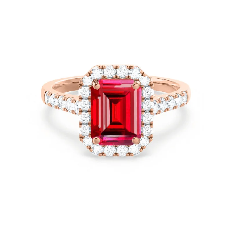 ESME - Chatham® Emerald Lab-Grown Ruby & Diamond 18k Rose Gold Halo