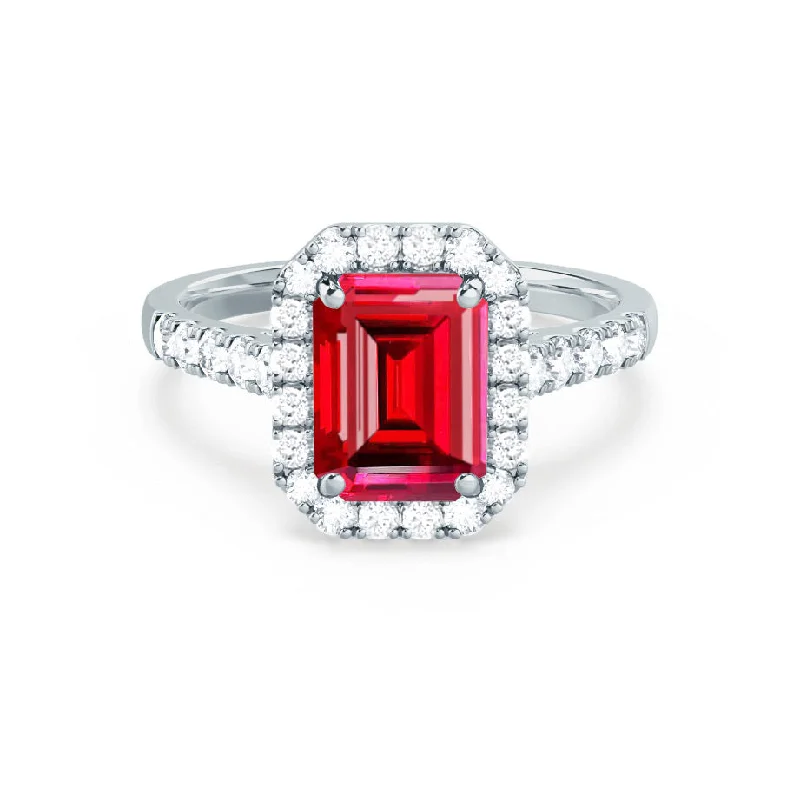 ESME - Chatham® Emerald Lab-Grown Ruby & Diamond 18k White Gold Halo