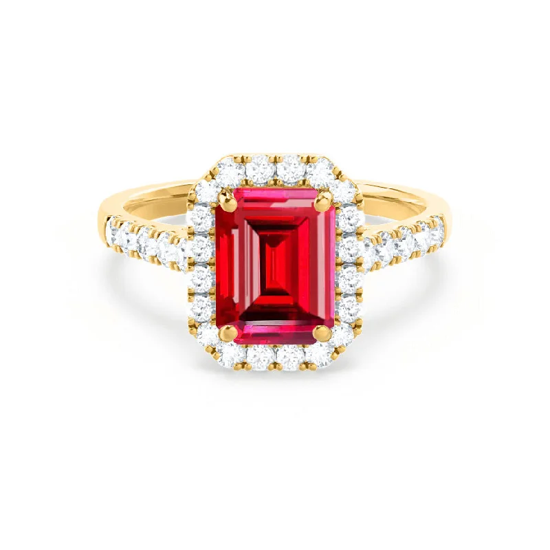 ESME - Chatham® Emerald Lab-Grown Ruby & Diamond 18k Yellow Gold Halo