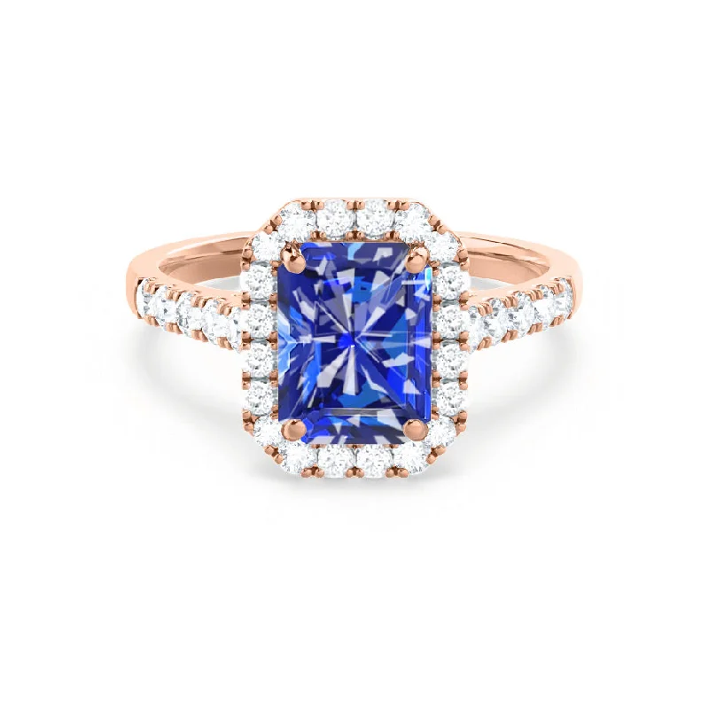 ESME - Chatham® Radiant Lab-Grown Blue Sapphire & Diamond 18k Rose Gold Halo