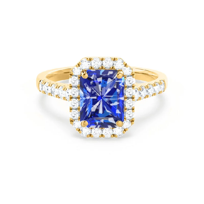 ESME - Chatham® Radiant Lab-Grown Blue Sapphire & Diamond 18k Yellow Gold Halo