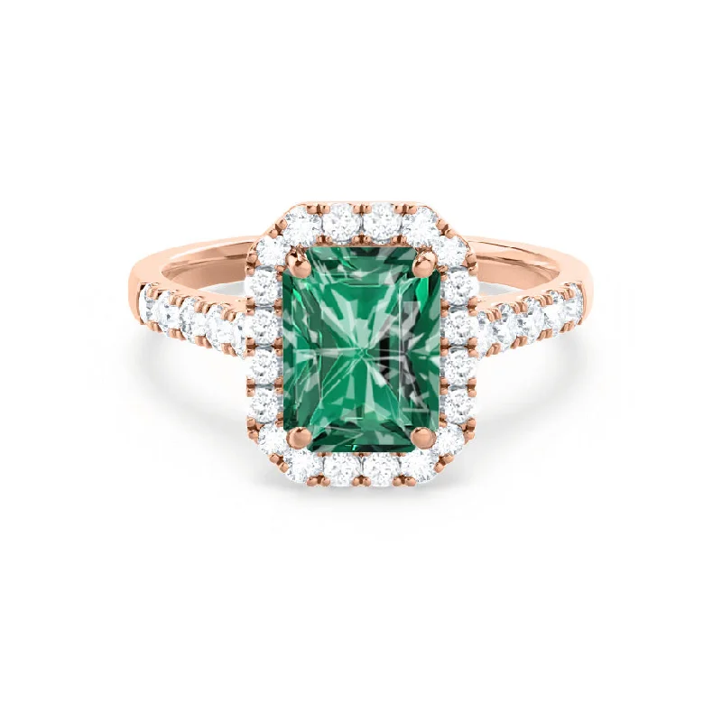 ESME - Chatham® Radiant Lab-Grown Emerald & Diamond 18k Rose Gold Halo