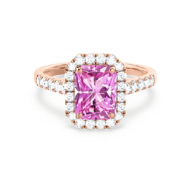 ESME - Chatham® Radiant Lab-Grown Pink Sapphire & Diamond 18k Rose Gold Halo