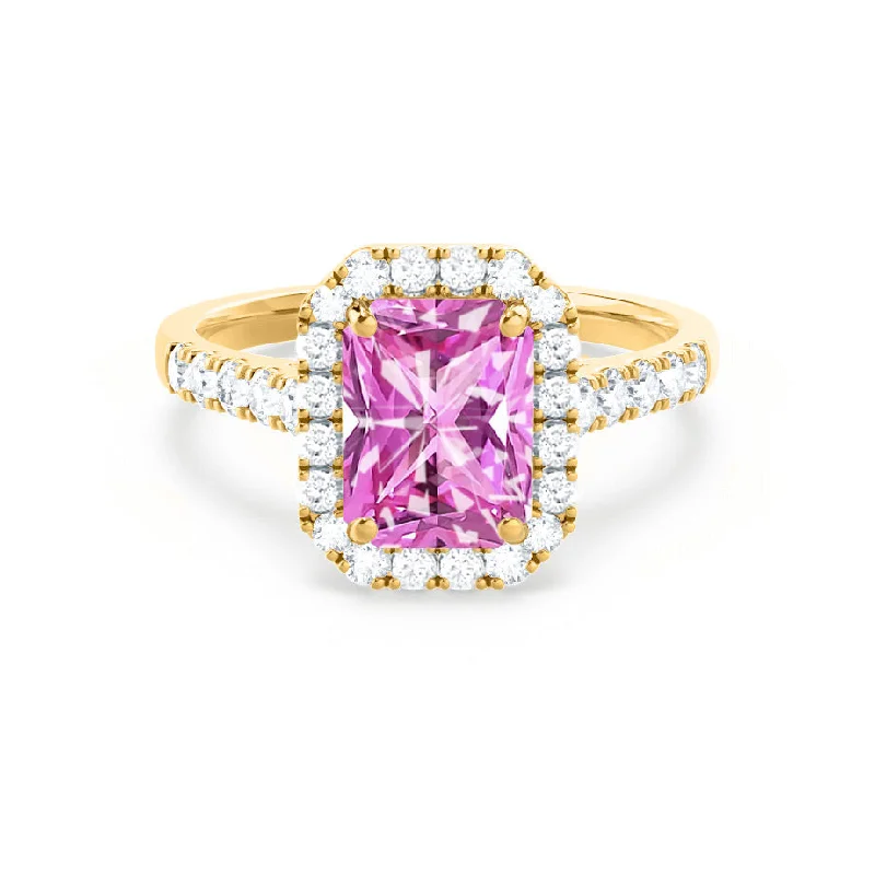 ESME - Chatham® Radiant Lab-Grown Pink Sapphire & Diamond 18k Yellow Gold Halo