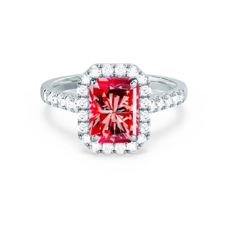 ESME - Chatham® Radiant Lab-Grown Ruby & Diamond 18k White Gold Halo