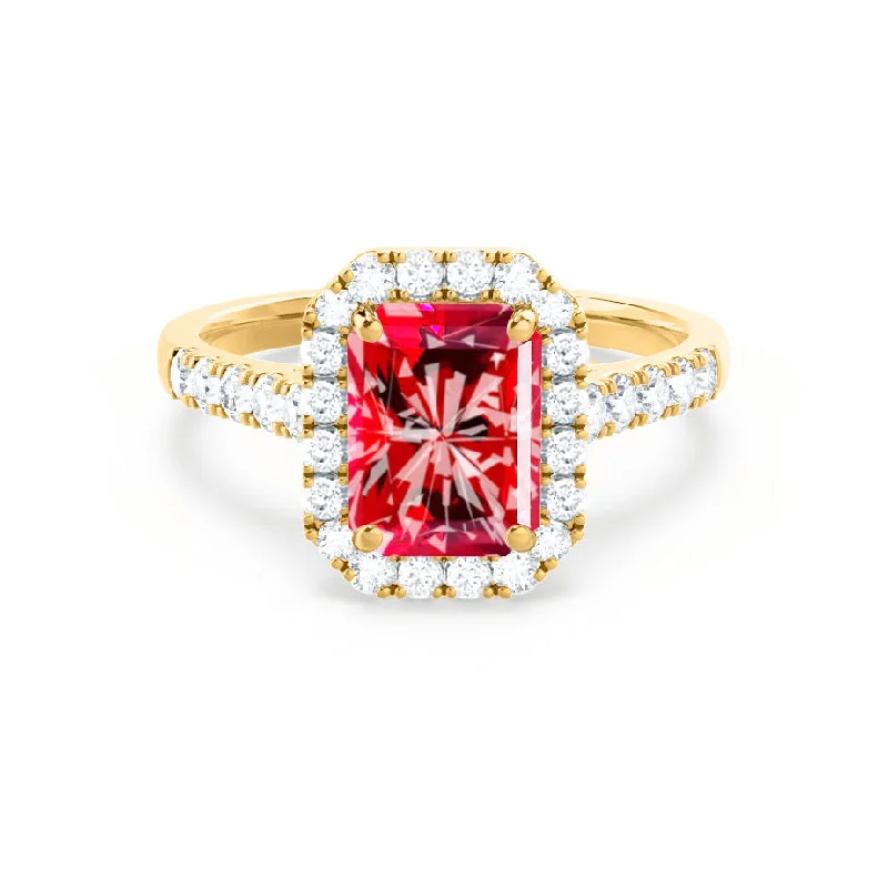 ESME - Chatham® Radiant Lab-Grown Ruby & Diamond 18k Yellow Gold Halo