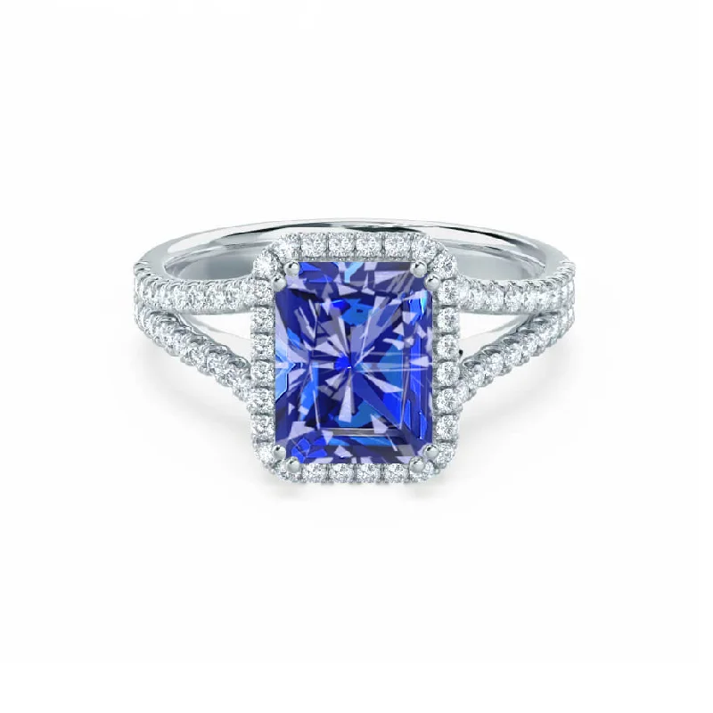 EVERLY - Chatham® Radiant Blue Sapphire & Diamond 18k White Gold Split Shank Halo Ring