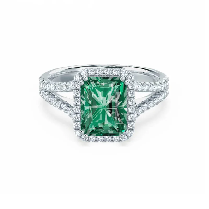 EVERLY - Chatham® Radiant Emerald & Diamond 18k White Gold Split Shank Halo Ring