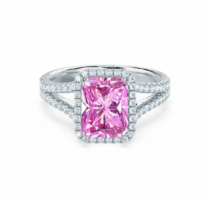 EVERLY - Chatham® Radiant Pink Sapphire & Diamond 18k White Gold Split Shank Halo Ring